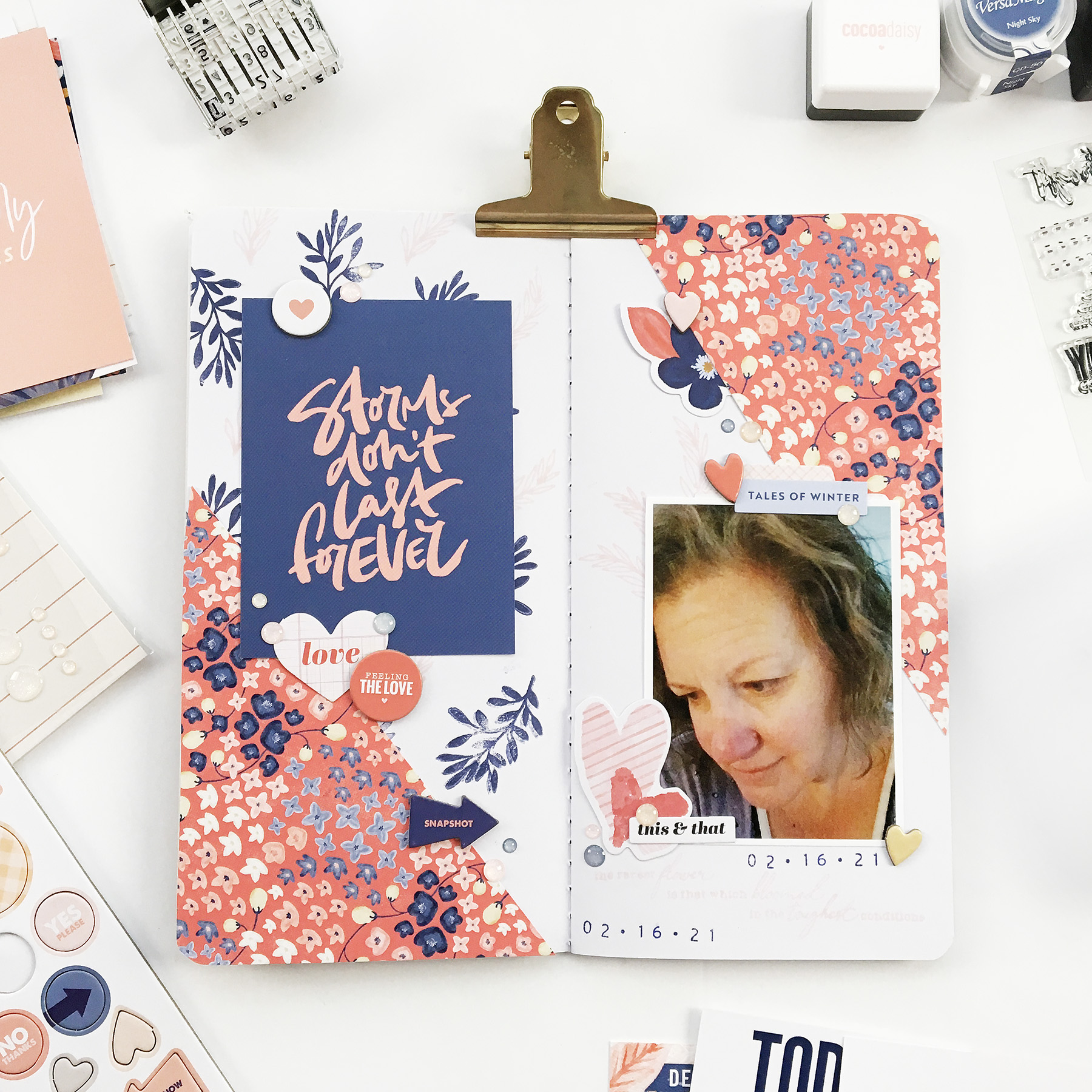 Travelers Notebook Layout | Storms ft Cocoa Daisy Denim and Blush