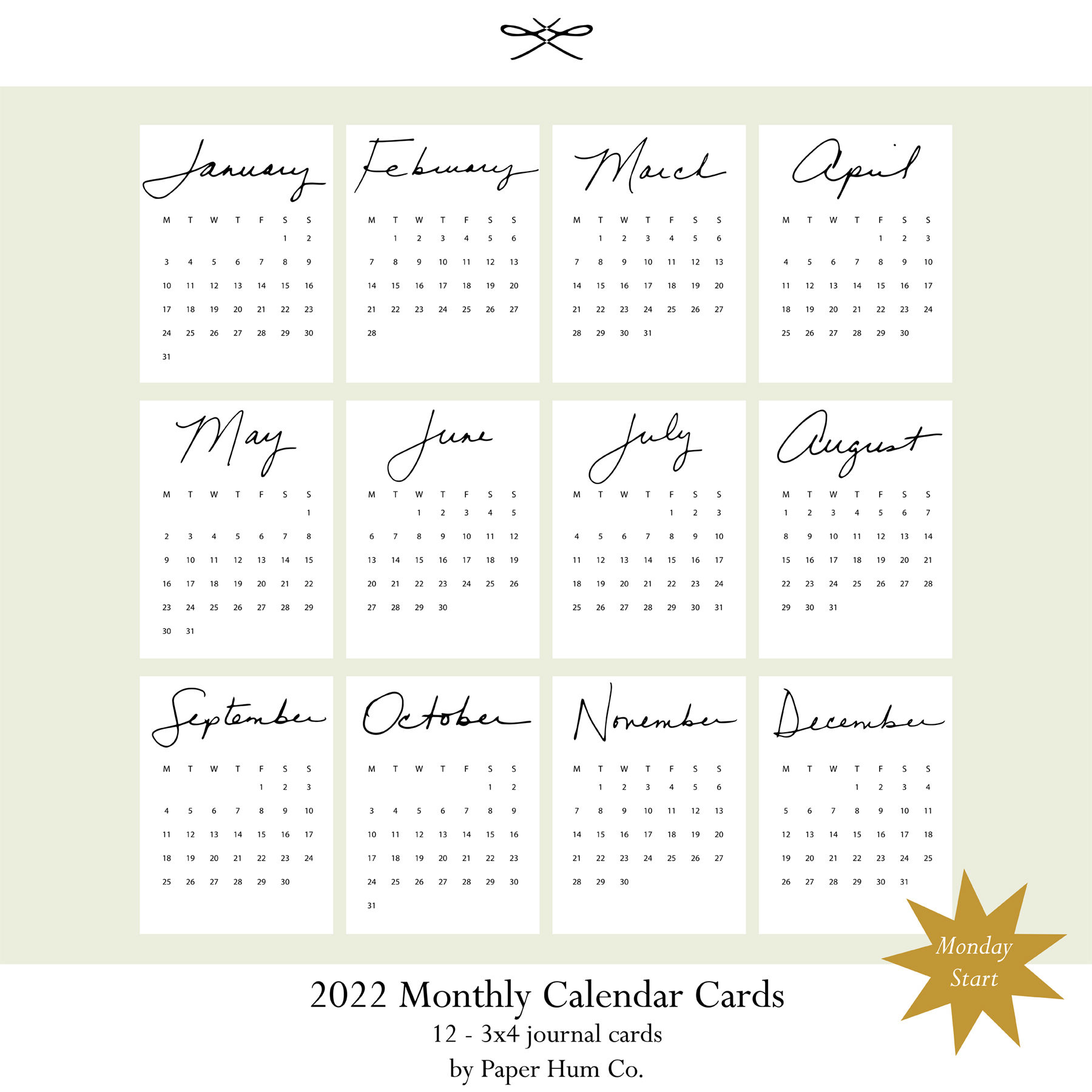 Paper Hum Co. - 2022 3x4 Monthly Calendar Cards (Monday Start)
