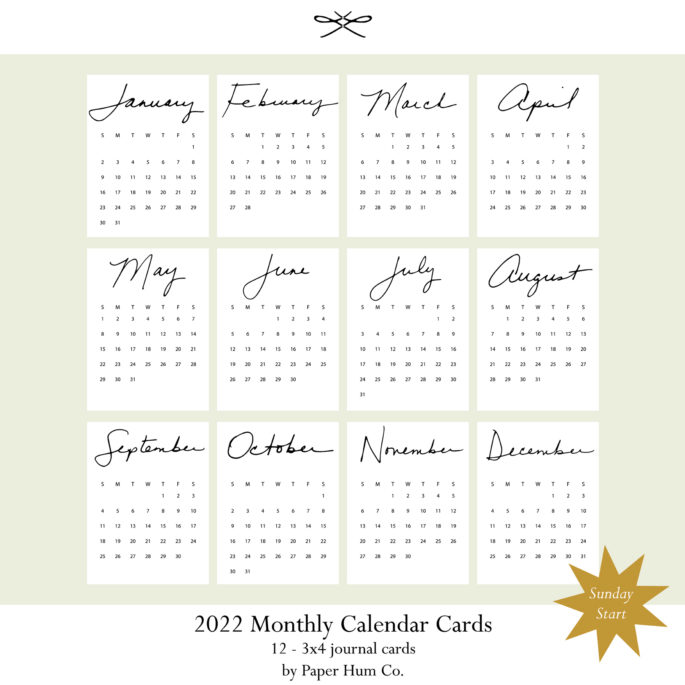 Paper Hum Co. - 2022 3x4 Monthly Calendar Cards (Sunday Start)